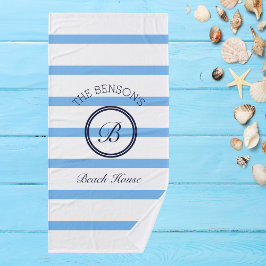 Chique Monogram Blauwe Strepen Familienaam Strand  Bad Handdoek