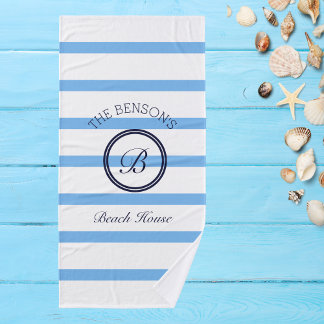 Chique Monogram Blauwe Strepen Familienaam Strand  Bad Handdoek