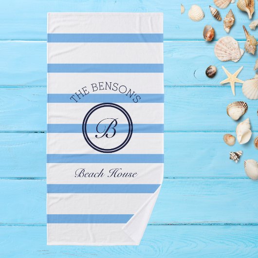 Chique Monogram Blauwe Strepen Familienaam Strand  Bad Handdoek