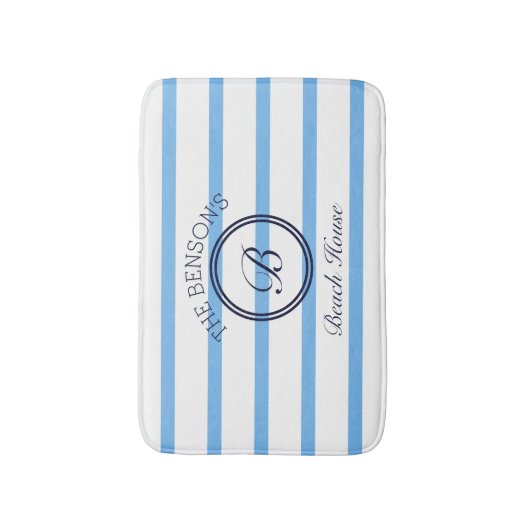 Chique Monogram Blauwe Strepen Familienaam Strand Badmat (Voorkant Verticaal)