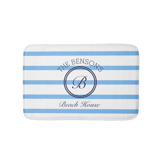 Chique Monogram Blauwe Strepen Familienaam Strand  Badmat (Voorkant)