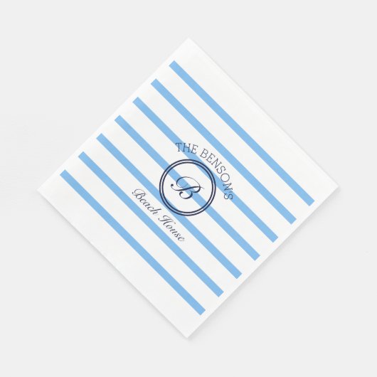 Chique Monogram Blauwe Strepen Familienaam Strand Servet (Hoek)