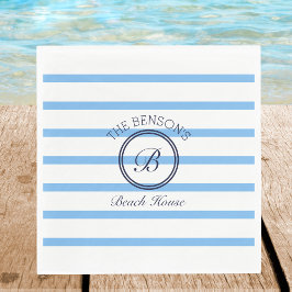 Chique Monogram Blauwe Strepen Familienaam Strand  Servet