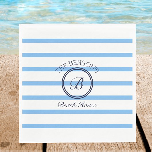 Chique Monogram Blauwe Strepen Familienaam Strand Servet