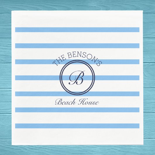 Chique Monogram Blauwe Strepen Familienaam Strand  Servet