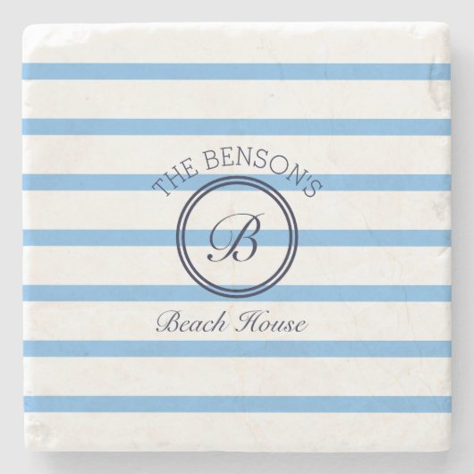 Chique Monogram Blauwe Strepen Familienaam Strand  Stenen Onderzetter (Voorkant)