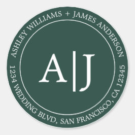 Chique Monogram Bruiloft Retouradres Donkergroen Ronde Sticker