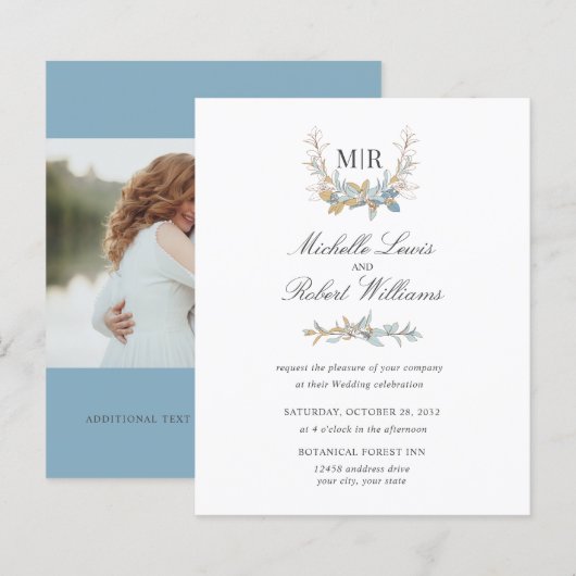 Chique Monogram Crest Goud blauw bloemenfoto bruil (Voorkant / Achterkant)