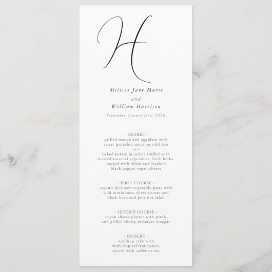 Chique Monogram Elegant Klassiek Zwart Wit Huwelij Menu (Voorkant)