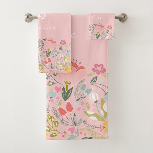 Chique monogram girly roze bloemenaangepaste naam bad handdoek (Insitu)