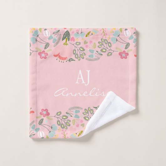 Chique monogram girly roze bloemenaangepaste naam bad handdoek (Wasdoekje)