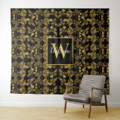 chique Monogram Goud Bloemen print patroon op zwar Wandkleed (In Situ (horizontaal))