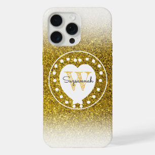 Chique Monogram Gouden Glitter Hart Beginletter iPhone 15 Pro Max Case