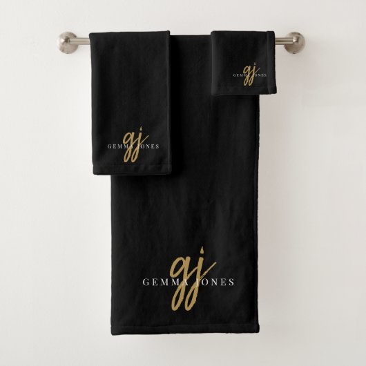 Chique Monogram Gouden Script Naam Zwart Bad Handdoek (Insitu)