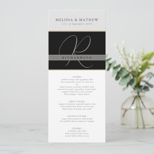 Chique Monogram Houtskool Zwart Grijs Wit Bruiloft Menu (Staand voorkant)