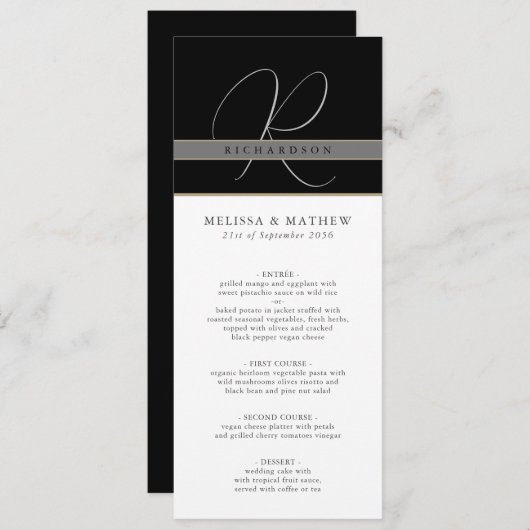 Chique Monogram Houtskool Zwart Wit Bruiloft Menu (Voorkant / Achterkant)