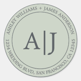 Chique Monogram Huwelijks Retouradres Pastelgroen Ronde Sticker