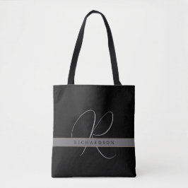 Chique Monogram Initiaal Naam Charcoal Grijs Zwart Tote Bag