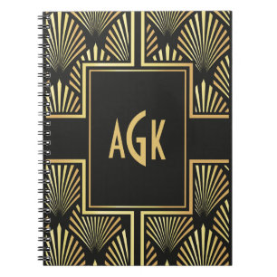 Chique Monogram Initialen Zwart en Goud Art Deco Notitieboek