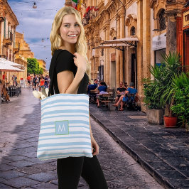 Chique Monogram Licht Blauw en Wit Gestreept Tote Bag