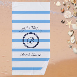 Chique Monogram Licht Blauw Strepen Familienaam Strandlaken