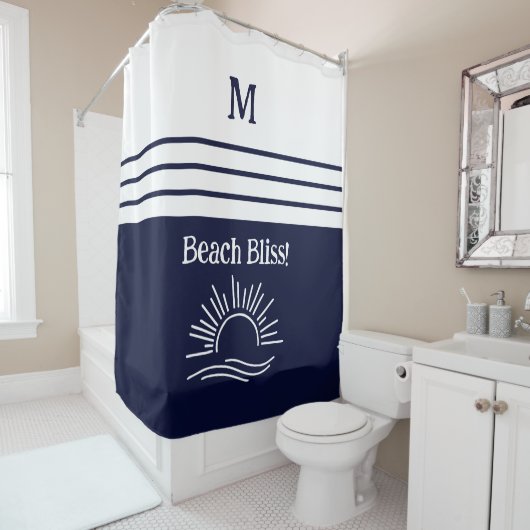 Chique Monogram Marine Blauw Wit Strepen Strand Hu Douchegordijn (In situ)