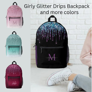 Chique Monogram Meisje Heet Paarse Glitter Drips Bedrukte Rugzak