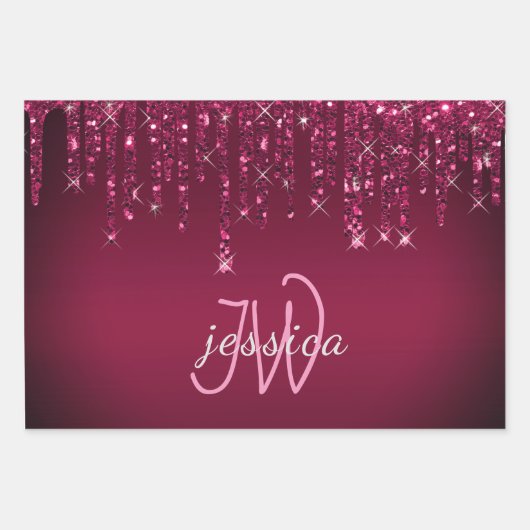 Chique Monogram Meisje Hot Roze Glitter Drips Inpakpapier Vel (Voorkant 3)