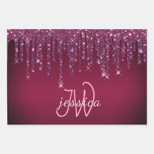 Chique Monogram Meisje Hot Roze Glitter Drips Inpakpapier Vel (Voorkant 2)