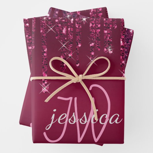 Chique Monogram Meisje Hot Roze Glitter Drips Inpakpapier Vel (In situ)