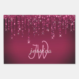 Chique Monogram Meisje Hot Roze Glitter Drips Inpakpapier Vel
