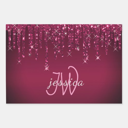 Chique Monogram Meisje Hot Roze Glitter Drips Inpakpapier Vel (Voorkant)