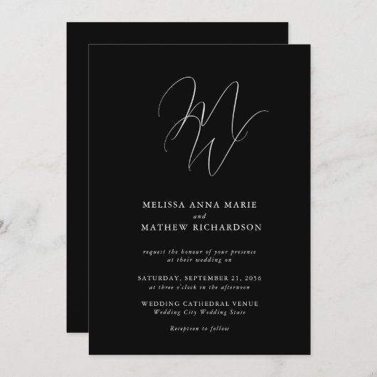 Chique Monogram Moderne Zwart-wit bruiloft Kaart (Voorkant / Achterkant)