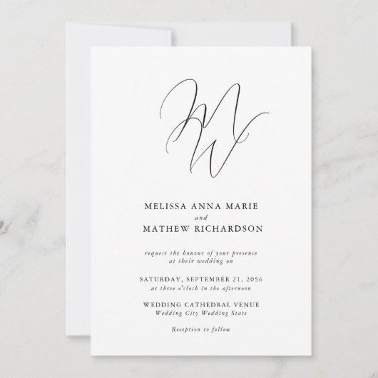 Chique Monogram Moderne Zwart-wit bruiloft Kaart (Voorkant)