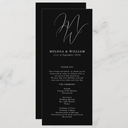Chique Monogram Moderne Zwart-wit bruiloft Programmakaart (Voorkant / Achterkant)