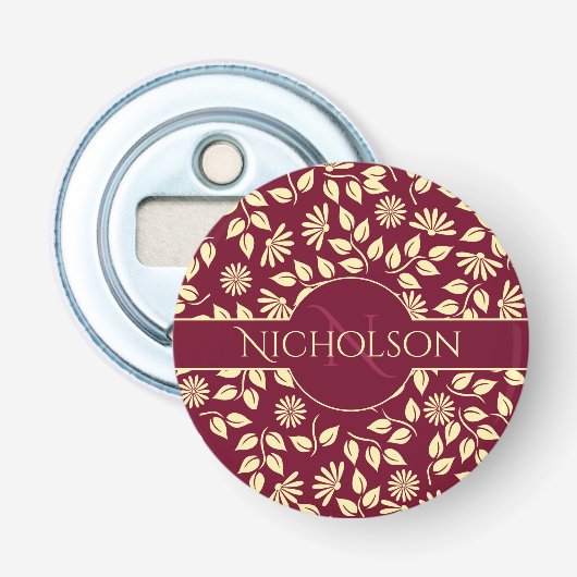 Chique Monogram Naam  Blad Madeliefjes Patroon Bur Button Flesopener (Voorkant)