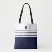 Chique Monogram Navy Blauw Gestreept Tote Bag (Voorkant)