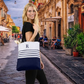Chique Monogram Navy Blauw Gestreept Tote Bag