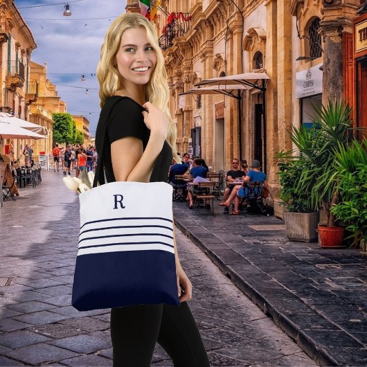 Chique Monogram Navy Blauw Gestreept Tote Bag