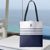 Chique Monogram Navy Blauw Gestreept Tote Bag