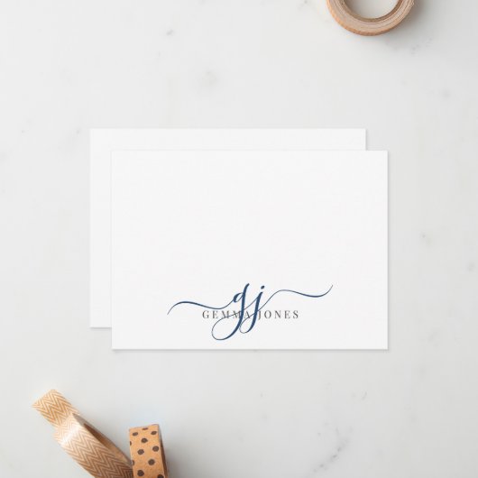 Chique Monogram Navy Blauw Script Initialen Notitiekaartje (Voorkant / Achterkant in situ)