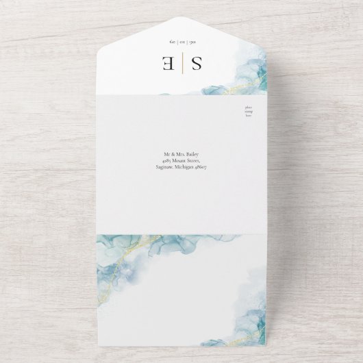 Chique Monogram QR Code Blauwe Waterverf Bruiloft All In One Uitnodiging (Buitenkant)