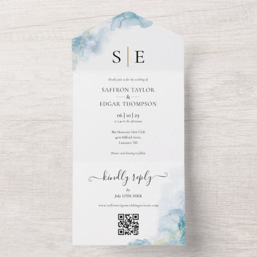 Chique Monogram QR Code Blauwe Waterverf Bruiloft All In One Uitnodiging (Binnen)