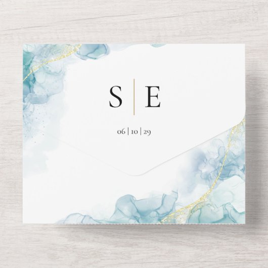 Chique Monogram QR Code Blauwe Waterverf Bruiloft All In One Uitnodiging (Achterkant)