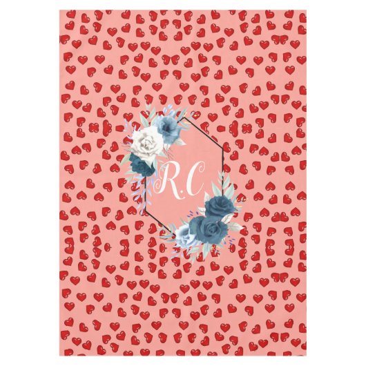 Chique monogram rood hart blauw bloem op roze tafelkleed (Voorkant)