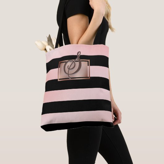 Chique Monogram Rose Gouden Strepen Tote Tas (Dichtbij)