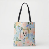 Chique Monogram Roze Blauwe Bloemmotief Tote Bag (Voorkant)