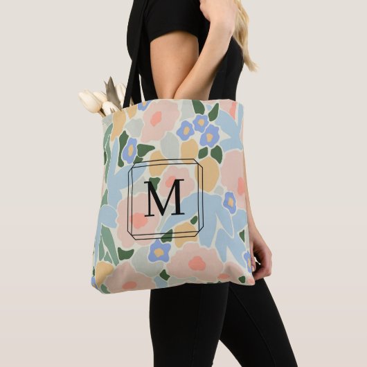 Chique Monogram Roze Blauwe Bloemmotief Tote Bag (Dichtbij)
