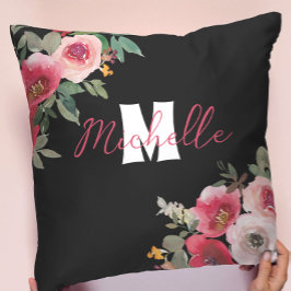 Chique monogram roze Bloemen waterverf Kussen