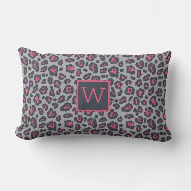 Chique Monogram Roze Grijs Luipaardprint Patroon Kussen (Voorkant)